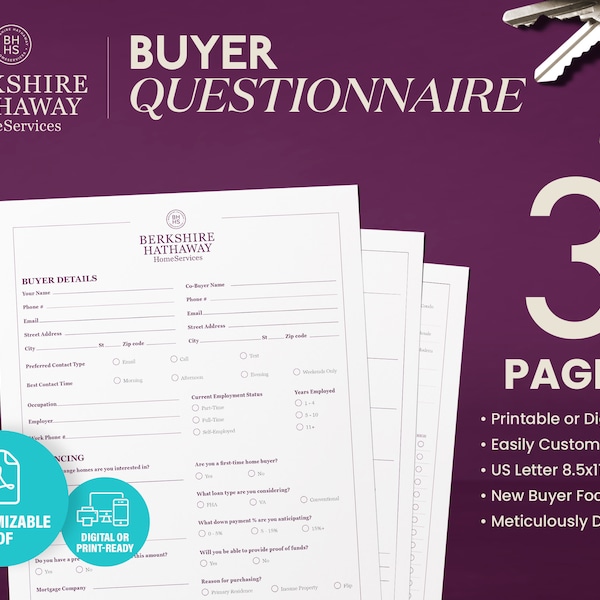 Berkshire Hathaway Buyer's Questionnaire, BHS Buyer Questionnaire, Real Estate Template, Real Estate Tool, BHS Buyer, Realtor Marketing Tool