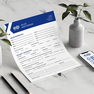 May include: A white and blue questionnaire form with the text "EXP REALTY SELLER QUESTIONNAIRE" at the top. The form includes sections for seller information and property information.