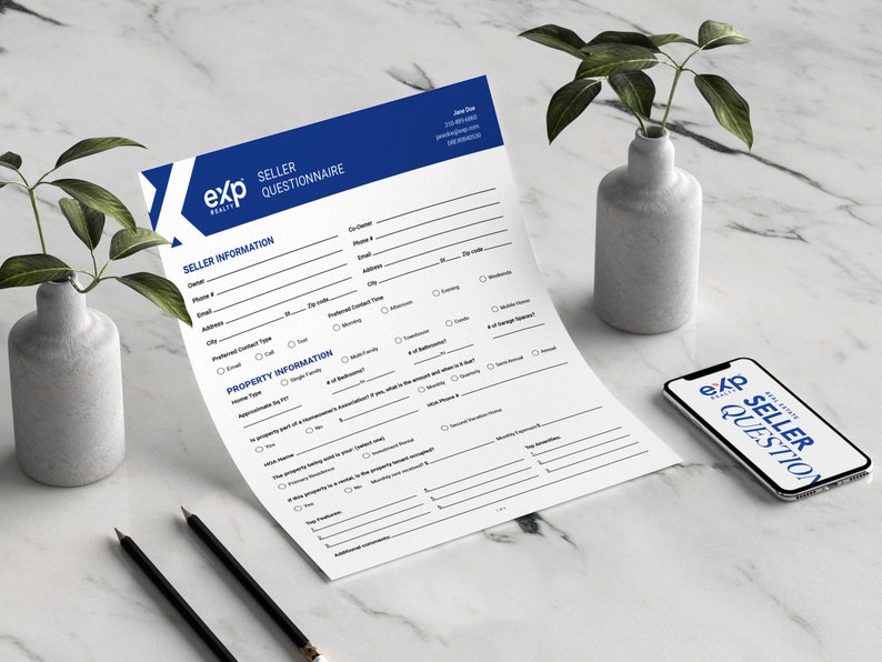 May include: A white and blue questionnaire form with the text "EXP REALTY SELLER QUESTIONNAIRE" at the top. The form includes sections for seller information and property information.