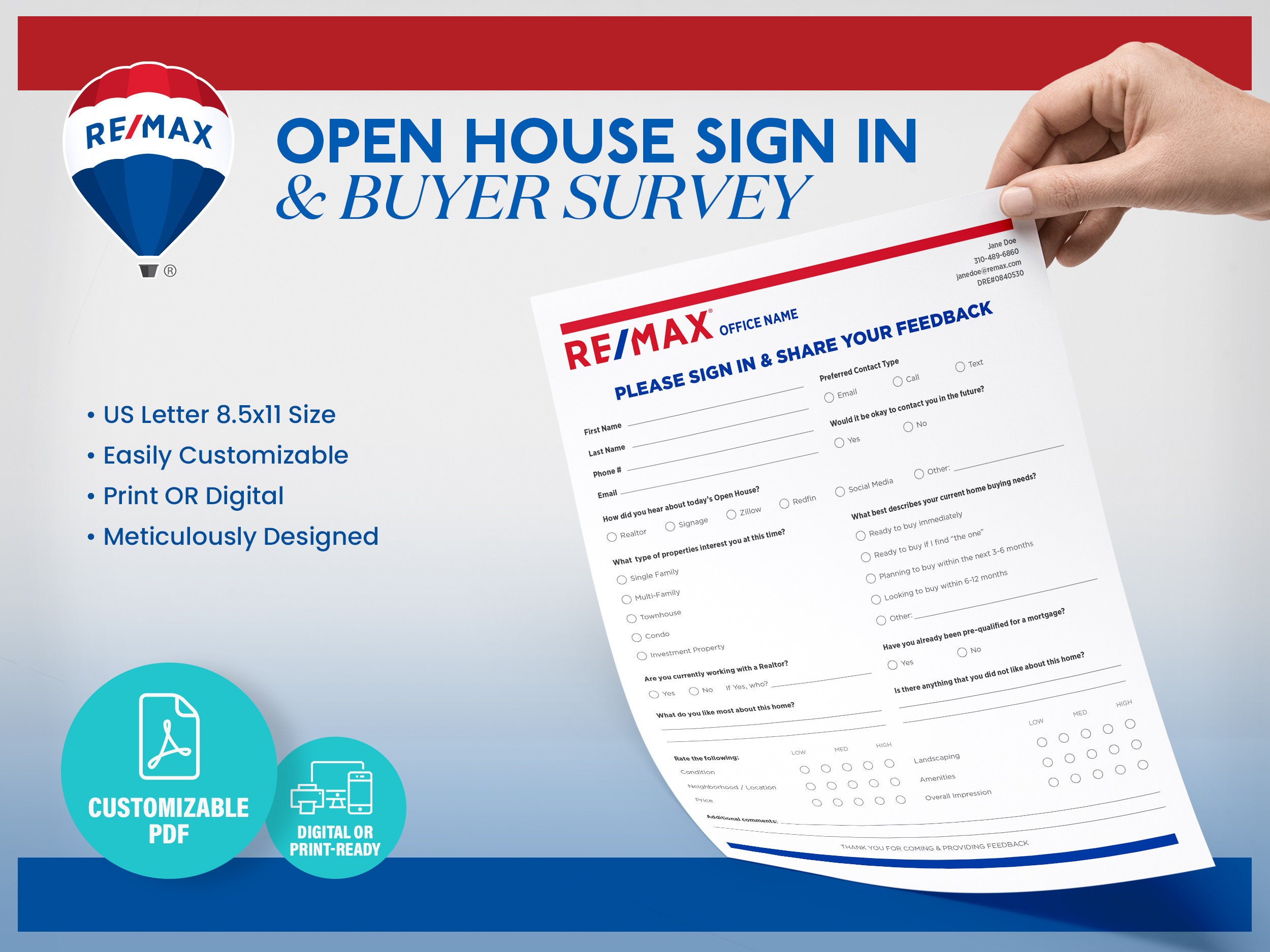REMAX Open House Sign in &amp; Printable Buyer Survey, Buyer Feedback Form ...