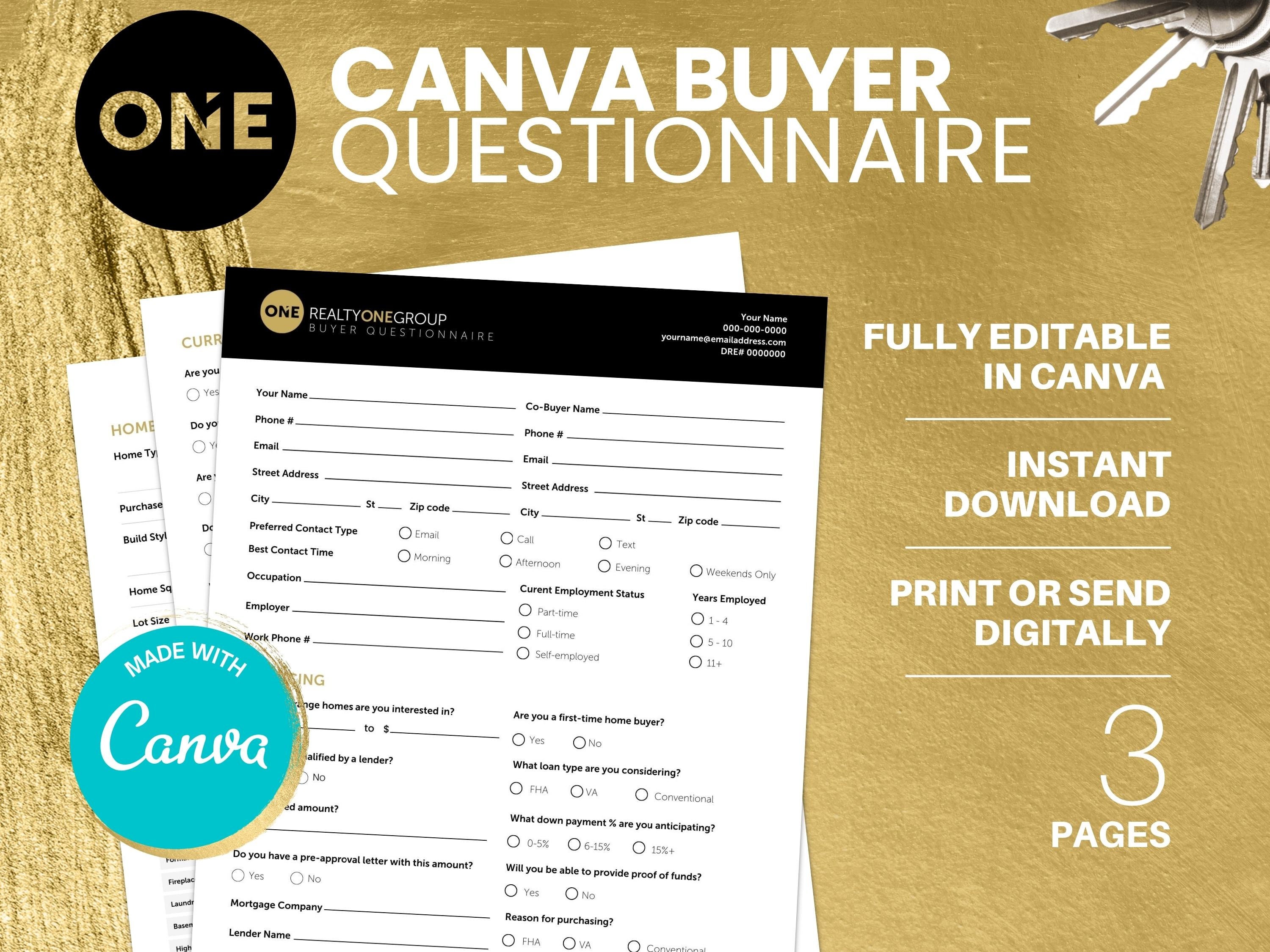 Realty One Group CANVA Buyer Questionnaire, CANVA real estate editable template, Real Estate Template, Canva Template Realtor Questionnaire