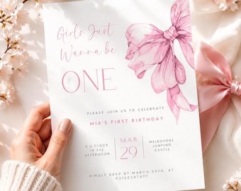 Girls Just Wanna Be One Birthday Invitation, Pink Bow First Birthday Invite, Coquette Birthday Party, Editable Canva Template