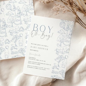 Convite para chá de bebê em tecido com balão de ar quente e convite por telefone, toile de Jouy, tema chinoiserie, estilo Grandmillenial, tema de inspiração francesa