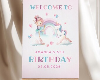 Unicorn Gymnastics Birthday Welcome Sign Pastel Rainbow Poster Template Canva Girl