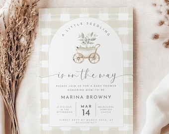 Little sprout is on the way baby shower invite, farmers market stand, gardening shower, baby on the way, fruit shower decor, locally grown.