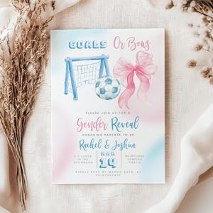 Goals or bows gender reveal invite, phone invitation, Soccer Gender Reveal invitation cava editable template, He or She Gender Reveal Party.