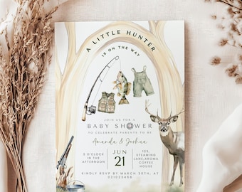 Hunting and fishing baby shower invitation and phone invite. A little hunter is on the way baby shower invite, invitation template, hunting.
