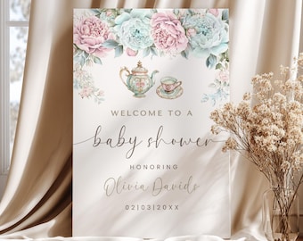 Tea For Two Baby Shower Welcome Sign | Twin Baby Shower Welcome Board Printable | Floral Teapot Baby Shower Decor Canva Template