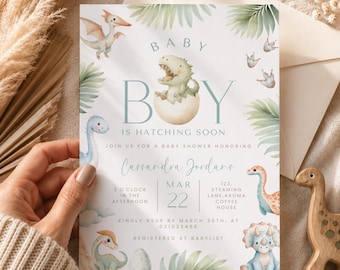 Dinosaur Baby Shower Invitation, Hatching Soon Baby Shower Invite, Baby Dino Invitation, Editable Canva Template