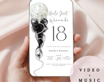 Bows and pearls animated invitation, bow video invite, birthday milestone coquette bow and  disco ball invite, bow pearls invite.