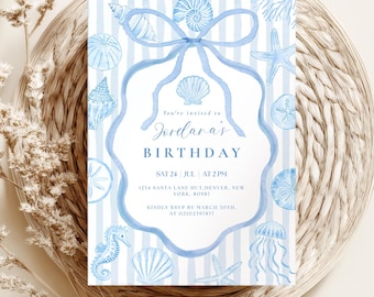 Blue bow and seashell birthday invitation, coastal birthday summer sea invite, let's shellebrate sea theme birthday Canva printable.