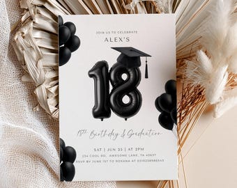 Graduation & 18th Birthday Party Invitation Editable Template, helium balloon mobile phone invite.