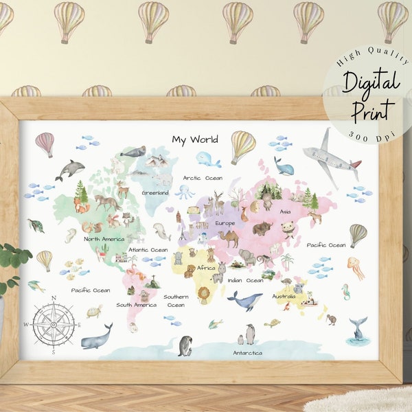 Colorful watercolor animal world map. Rainbow world map available as Digital download. Educational poster perfect for kid's bedroom.