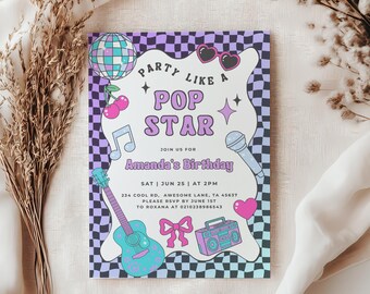 Party like a pop star birthday invitation template, Musical Birthday mobile phone invite, Karaoke Invitation custom template.