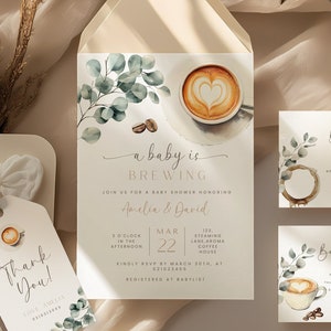 Coffee bean baby shower invitation set, a baby is brewing, coffee baby shower bundle, coffee greenery. Learn more in description below.