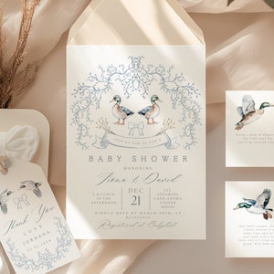 Babyshower, uitnodiging met, wilde eend, babyshowerpakket, babyuitnodigingsset inclusief Evite, boekverzoekkaart en luierloterij.