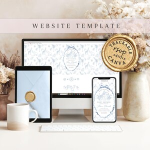 Puede incluir: Una plantilla de sitio web para un baby shower mostrada en un monitor de computadora, tableta y teléfono inteligente. El diseño presenta un patrón animal azul claro con un marco ovalado central. Un sello de cera dorado dice TRACKABLE RSVP edit in CANVA.