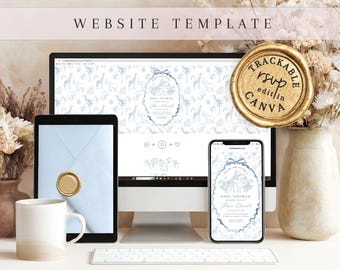 Blue toile safari baby shower website invitation | Chinoiserie Jungle  Canva template