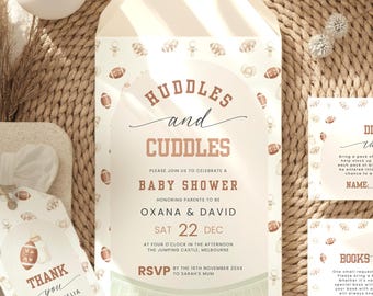 Paquete de invitaciones para baby shower con temática de fútbol americano "Huddles and Cuddles", invitación móvil de estilo bohemio deportivo.