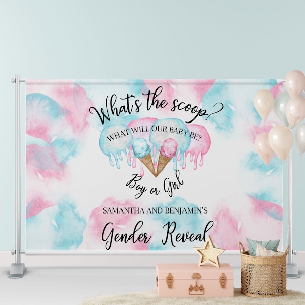 Ice Cream Gender reveal backdrop. Personalized what's the scoop background design. Learn more about this listing in description box below.