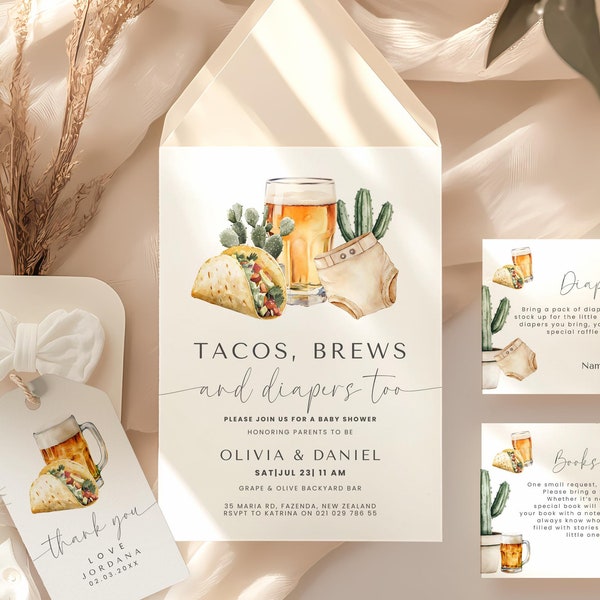 Conjunto de invitación para baby shower de cerveza y tacos, baby shower de parejas, invitación de tacos, baby shower de tacos, baby shower mixto, baby shower de pañales.