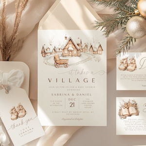 Il faut un ensemble d'invitations pour baby shower du village, un paquet d'invitations en pain d'épice pour une baby shower d'hiver comprenant des étiquettes de cadeaux, une tombola de couches et plus encore