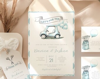 Golf baby shower invitation bundle, Gold baby shower invitation set. Including diaper raffle, books for baby, favor tag, phone invite.