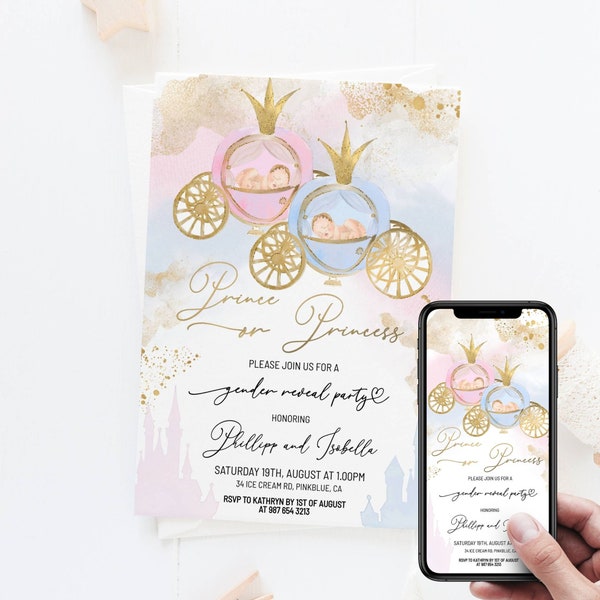 Prince or princess gender reveal invitation. Learn more about this listing in description box below.