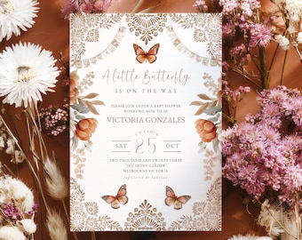 Monarch butterfly baby shower, invitation template, monarch baby shower, Mexican baby shower, Mexican theme Papel picado invite, Talavera.
