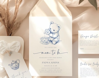 Tea with the mom to be digital baby shower invite set. Toile de Jouy, Cute teddy bear with tea cup and tea pot. Learn more in description.