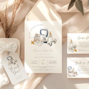Gym-Babypartyeinladungsset, Babypartyeinladung, bearbeitbare Vorlage, Aquarell-Fitness, Einladungsvorlage, Fitness-Babyparty.