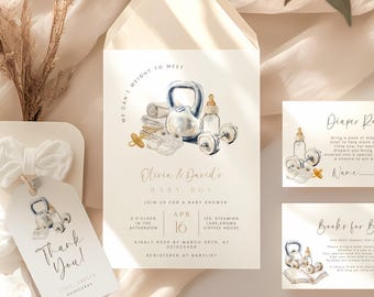 Ensemble d'invitations pour baby shower dans la salle de sport, invitation à une baby shower, modèle modifiable, remise en forme aquarelle, modèle d'invitation, baby shower de remise en forme.