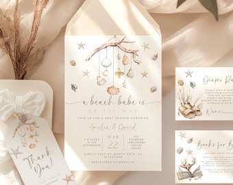 Invitaciones para baby shower estilo playa, invitación editable, invitación para baby shower, invitación para baby shower, baby shower bohemio en la playa, invitación con conchas marinas.