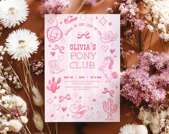 Pink pony club birthday invitation, cowgirl birthday Midwest princess, country western, horse riding, pony riding invite, printable invite.