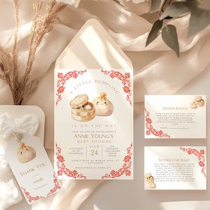 Fille d'invitation à une baby shower de boulettes, carte de tombola de couches-culottes d'invitation, carte de demande de livre, étiquette de faveur wonton, invitation de petit garçon.