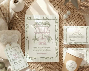 Juego de invitaciones para baby shower con temática de cafetería, rifa de pañales de cafetería, tarjeta de solicitud de libros, etiqueta de recuerdo de cafetería Bebe, etiquetas para tazas de café, plantilla editable.