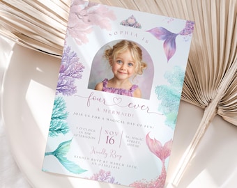 Mermaid birthday invite four year old mermaid invitation template. Mermaid party under the sea girl birthday invite, swimming birthday.