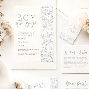 Ensemble d'invitations pour baby shower en toile de montgolfière. Carte de tirage de couches, carte de demande de livre, étiquette de remerciement en toile de Jouy bleue sur le thème français.