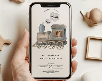 Chugga Chugga Two Two Birthday Invitation, Blue Train Second Birthday Mobile Invite, All Aboard Boys Birthday Invite, Birthday Invite