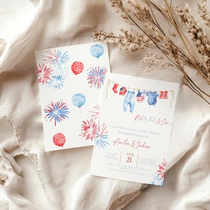 May include: Two baby shower invitations with patriotic themes. One card features fireworks and balloons in red, white, and blue. The other card has baby clothes hanging on a clothesline, with the text "Red, White & Due".