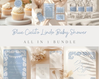 Baby boy blue Cielito lindo baby shower invitation bundle digital download. Papel picado shower, Mexican baby shower, talavera theme.