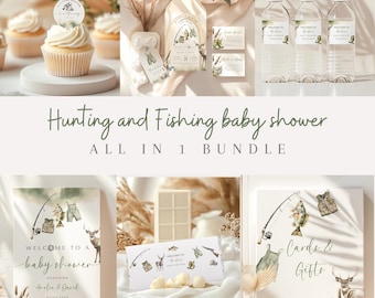 Hunting and fishing baby shower invitation bundle. A little hunter is on the way, fishing theme games, welcome sign,cupcake toppers and more