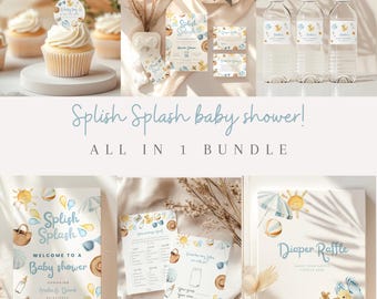 Splish splash baby shower bundle, Beach Baby Shower, Summer Baby Shower, Blue Splish Splash, Boy Summer Shower, Beach Invitation and more.