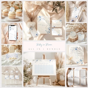 Dusty Blue Baby in Bloom Baby Shower Invitation Bundle, Blue Floral Boho, Blue Easter Spring, Decor Ideas Wildflower, baby shower invite.