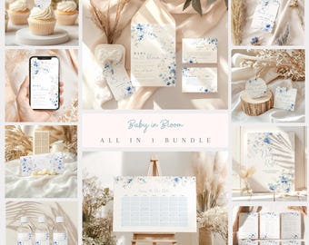 Dusty Blue Baby in Bloom Baby Shower Invitation Bundle, Blue Floral Boho, Blue Easter Spring, Decor Ideas Wildflower, baby shower invite.