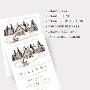May include: Two baby shower invitations with a watercolor illustration of a snowy village scene. The text on the invitation reads "It takes a village" and includes the names Fiona & David, the date, and time.