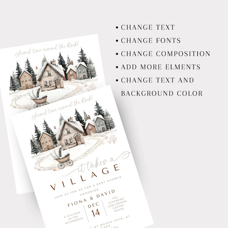 May include: Two baby shower invitations with a watercolor illustration of a snowy village scene. The text on the invitation reads "It takes a village" and includes the names Fiona & David, the date, and time.