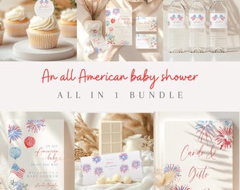 All American boy baby shower invite bundle, Patriotic Shower, Independence Day, 4th of July Shower, Red White and Due, Fireworks Party.
