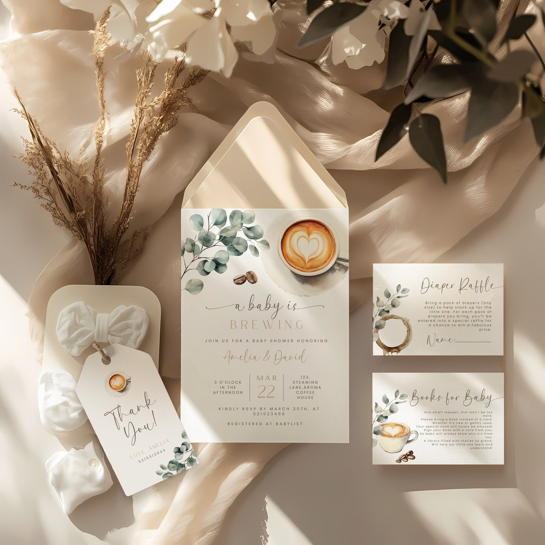 Coffee Bean Baby Shower Invitation Set, a Baby is Brewing, Coffee Baby