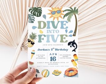 Dive into five invitation boy, Pool Party birthday, Pool Party invites, pool invite, summer 1st birthday, boy pool party, boy pool invite.